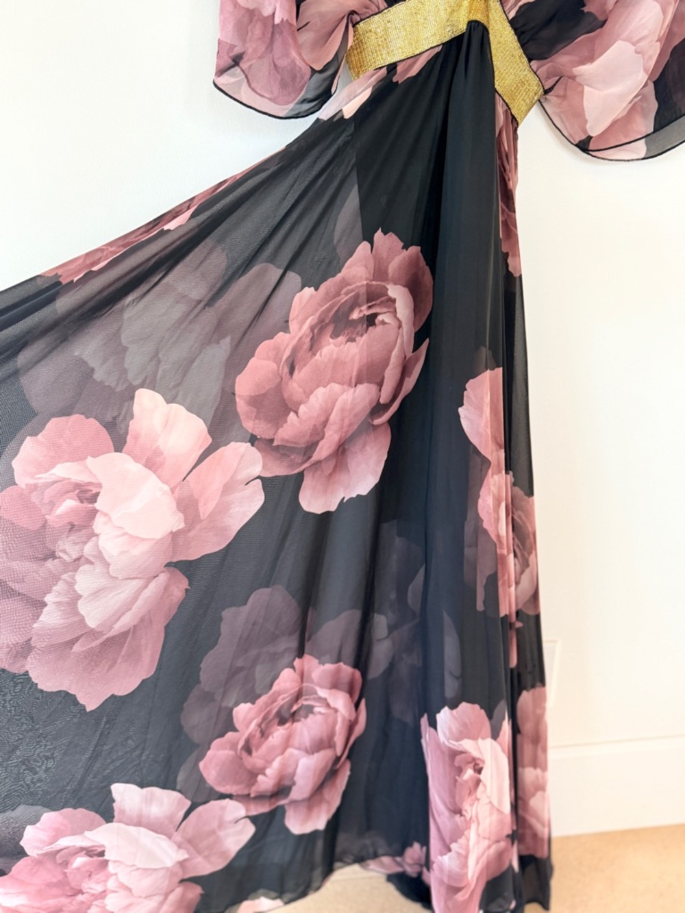 Jasmine Floral Chiffon Maxi Dress Black Pink Gold Empire Waist Size S - Picture 4 of 11